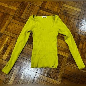 Anthropologie Chartreuse Neon Yellow Green Knit V Neck Ribbed Sweater Top Small